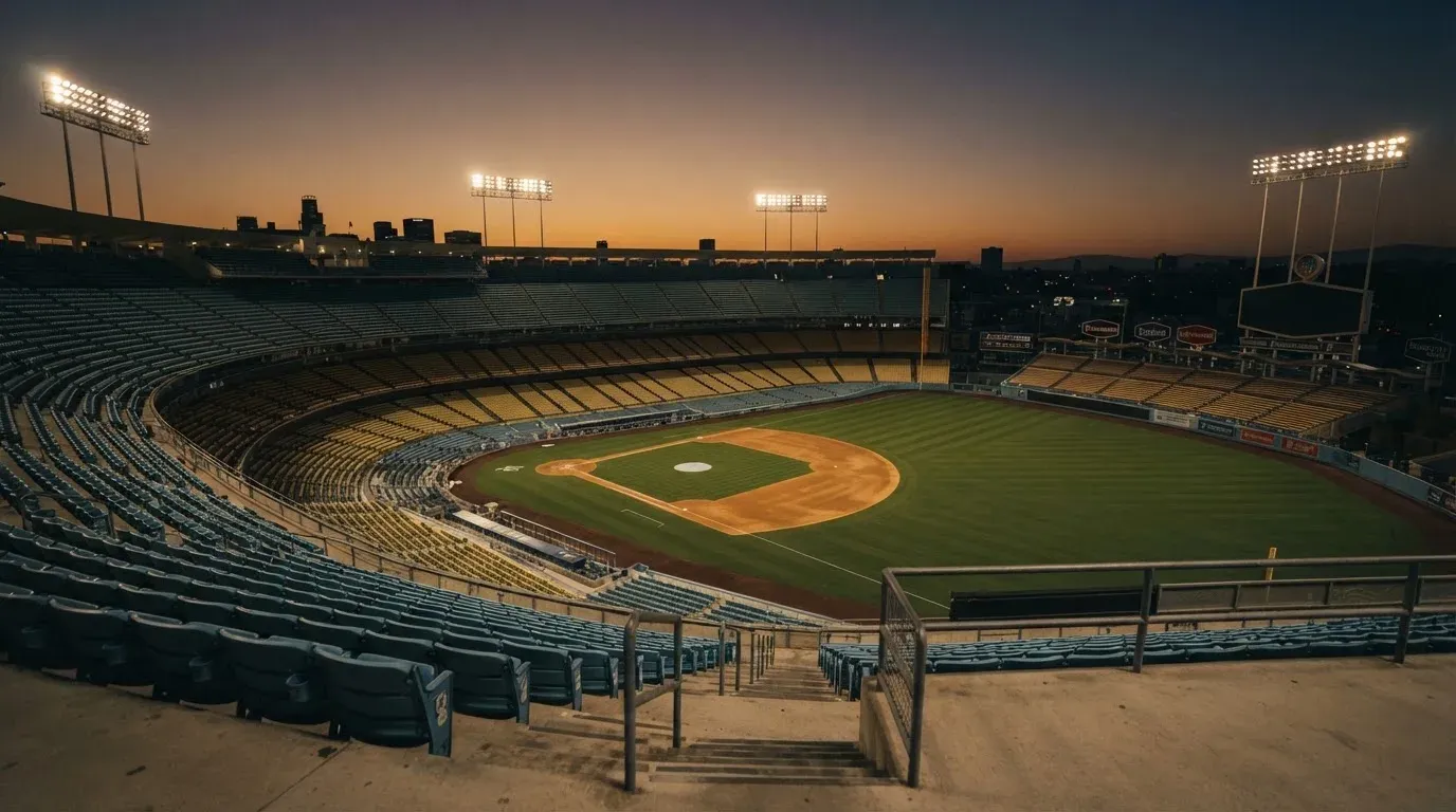 An empty football stadium with floodlight masts at dusk