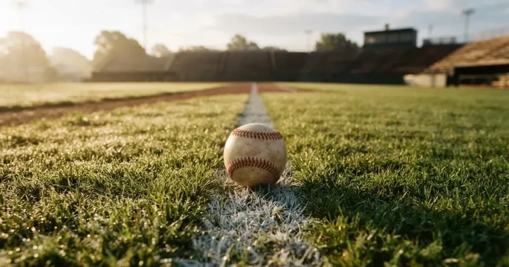 A ball on the centre spot of a grass pitch in morning light