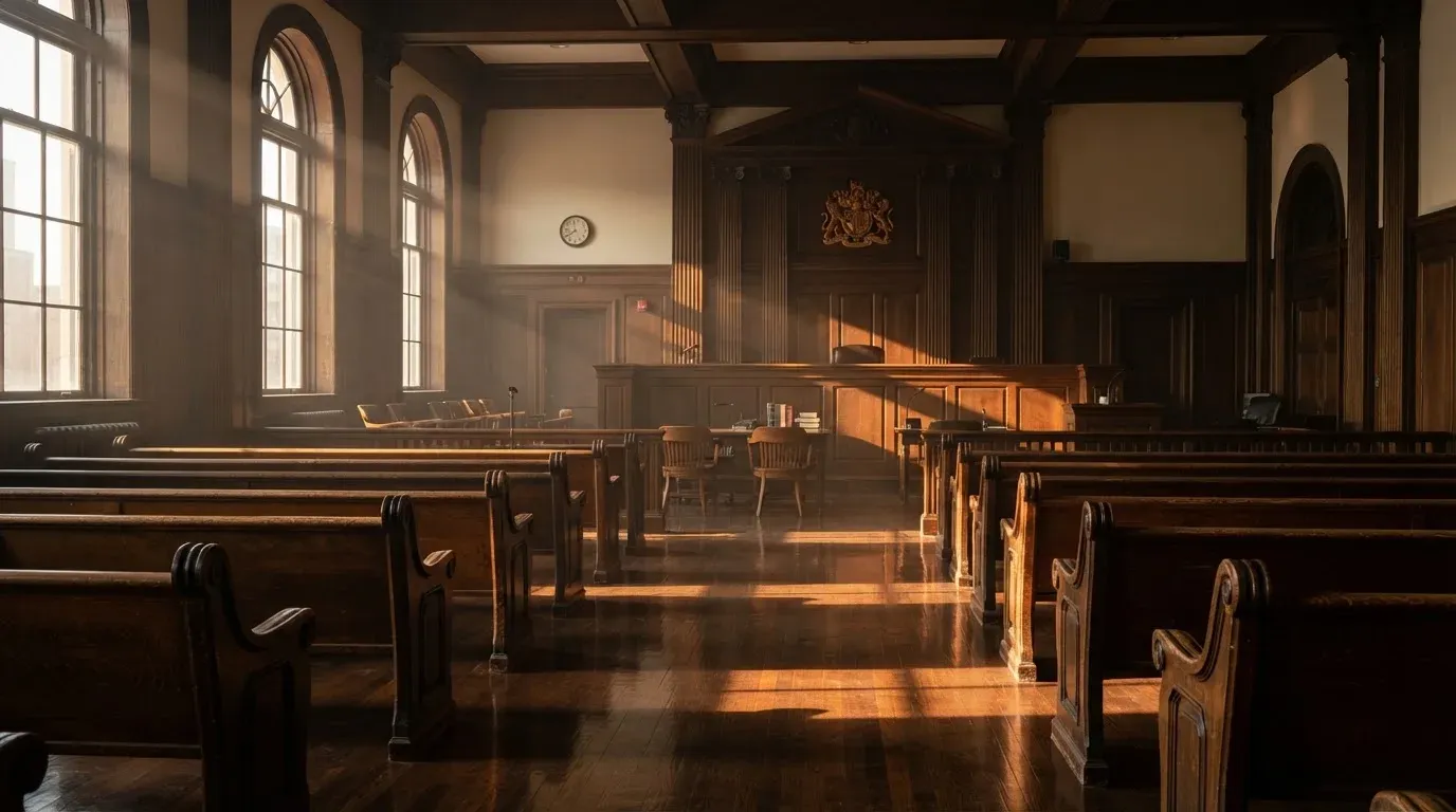 An empty courtroom with wooden benches in morning light