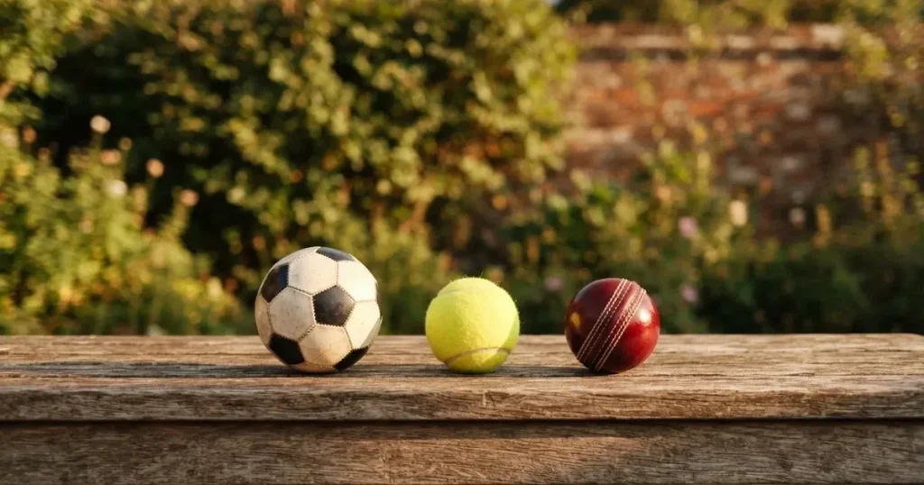Three balls of different kinds side by side on a wooden bench