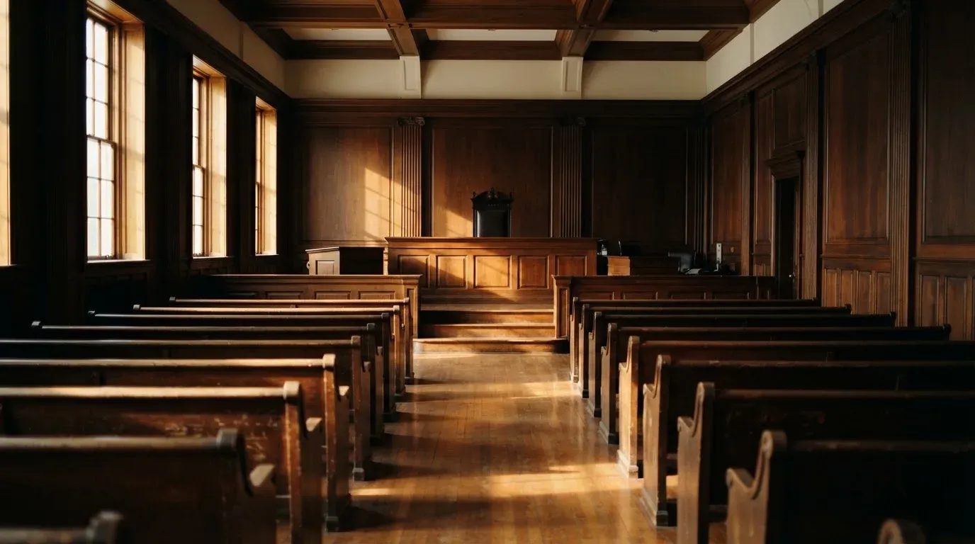 An empty courtroom with wooden benches in morning light