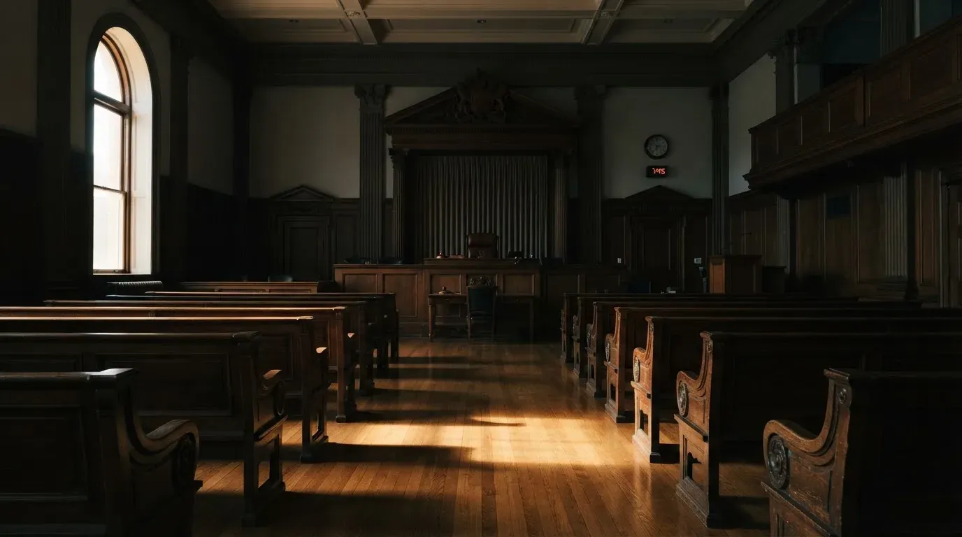 An empty courtroom with wooden benches in morning light