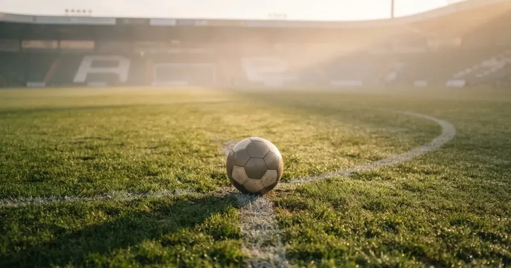 A ball on the centre spot of a grass pitch in morning light