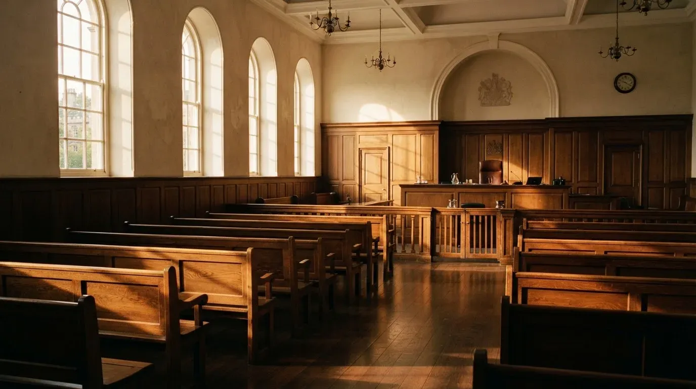 An empty courtroom with wooden benches in morning light