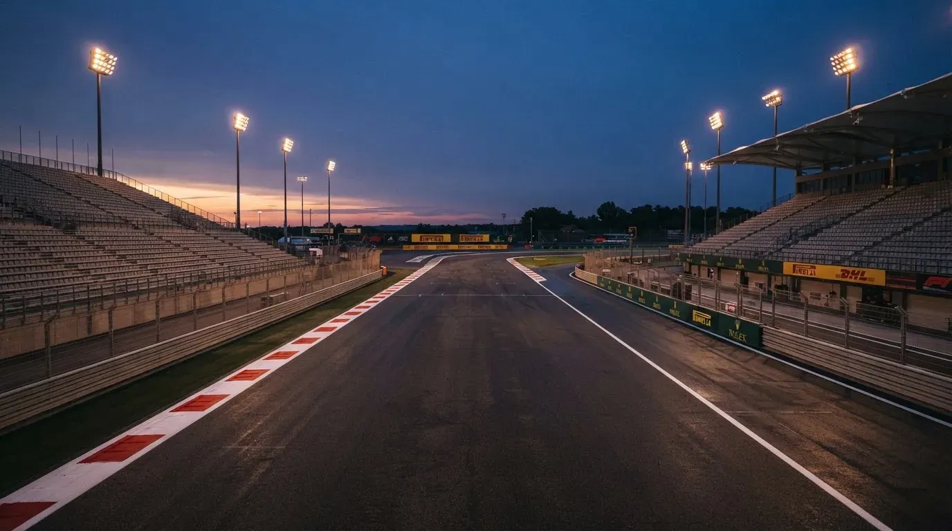 An empty football stadium with floodlight masts at dusk