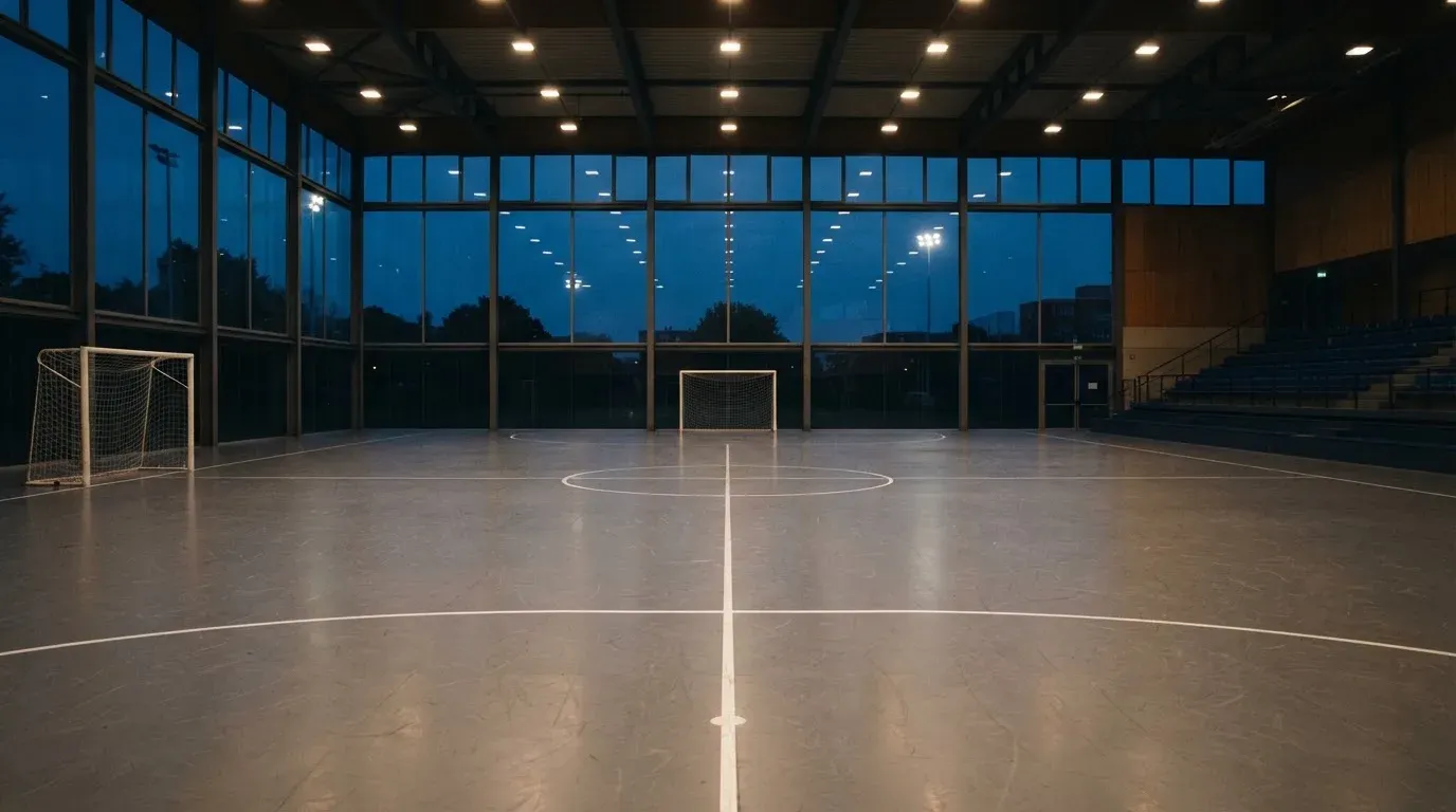 An empty football stadium with floodlight masts at dusk