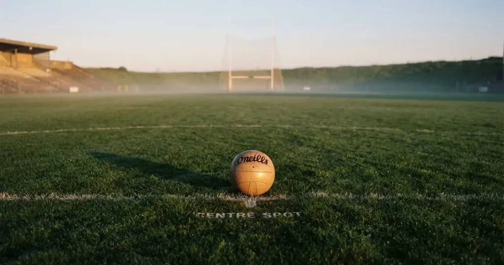 A ball on the centre spot of a grass pitch in morning light