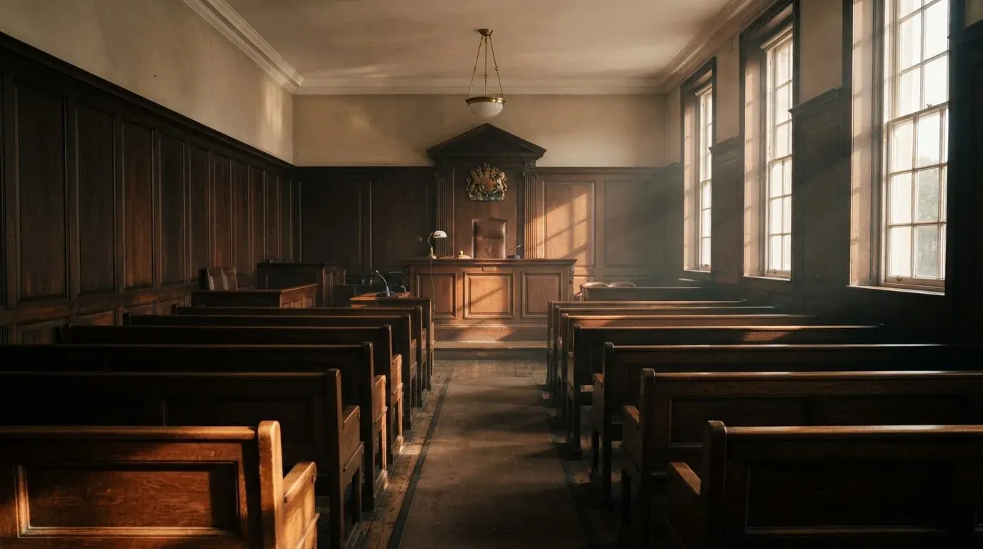An empty courtroom with wooden benches in morning light