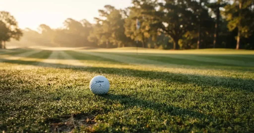 A ball on the centre spot of a grass pitch in morning light