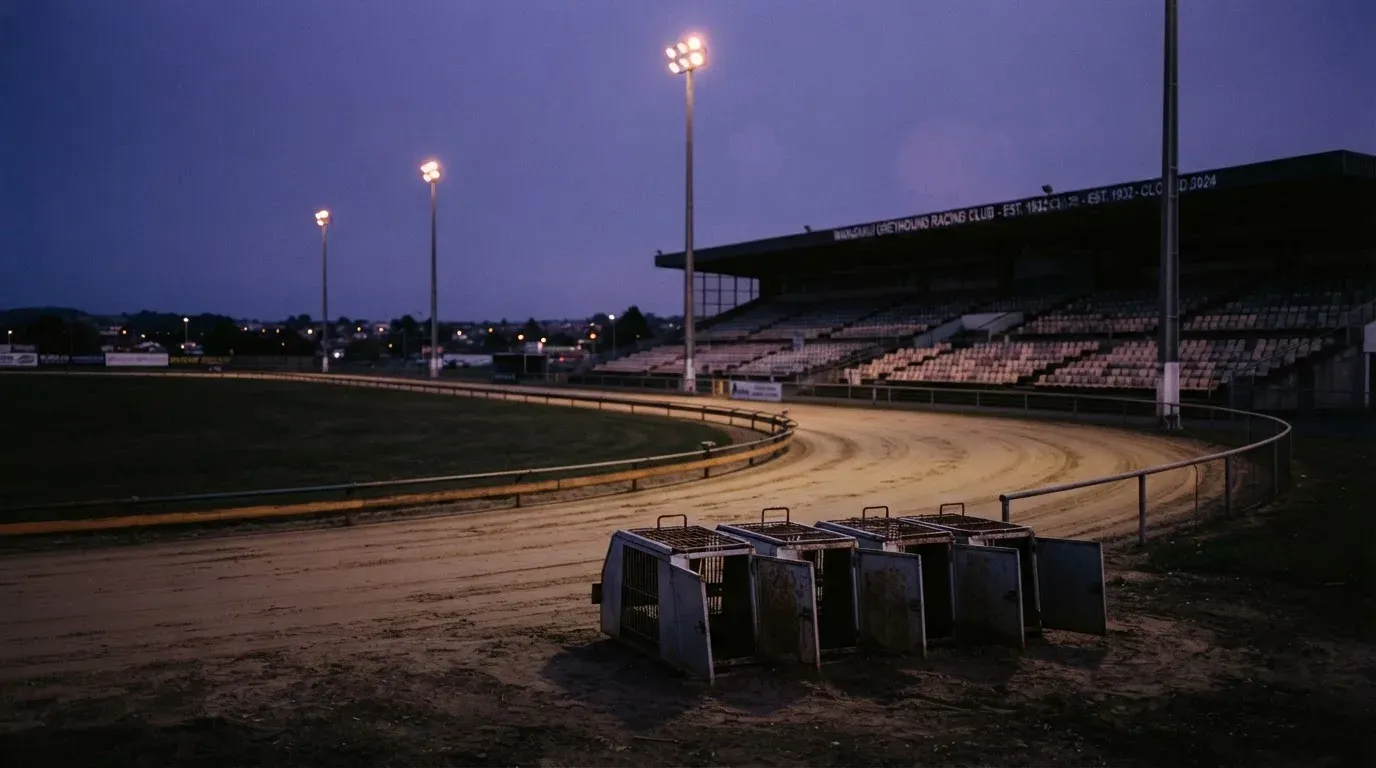 An empty football stadium with floodlight masts at dusk