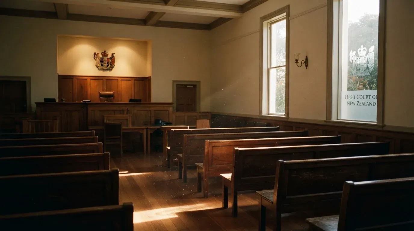 An empty courtroom with wooden benches in morning light