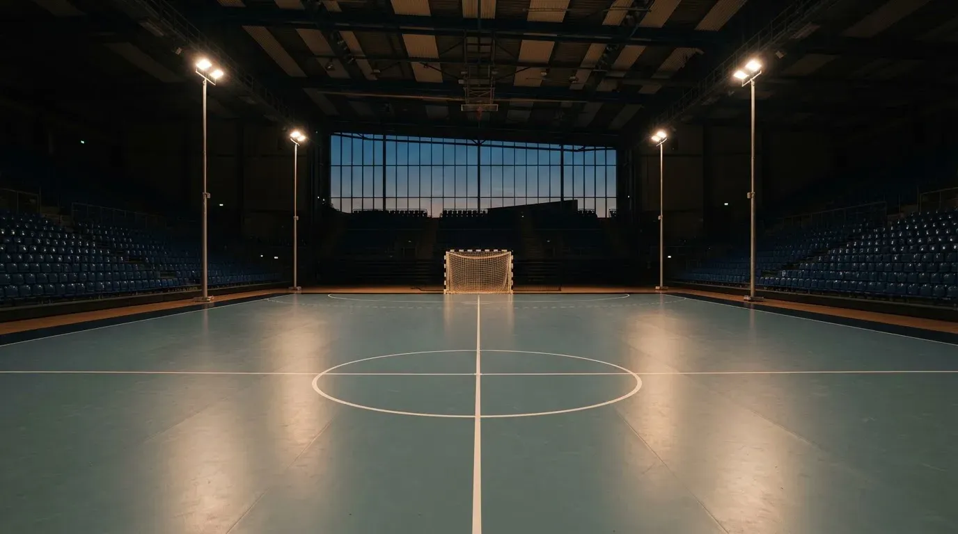 An empty football stadium with floodlight masts at dusk