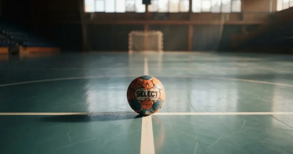 A ball on the centre spot of a grass pitch in morning light