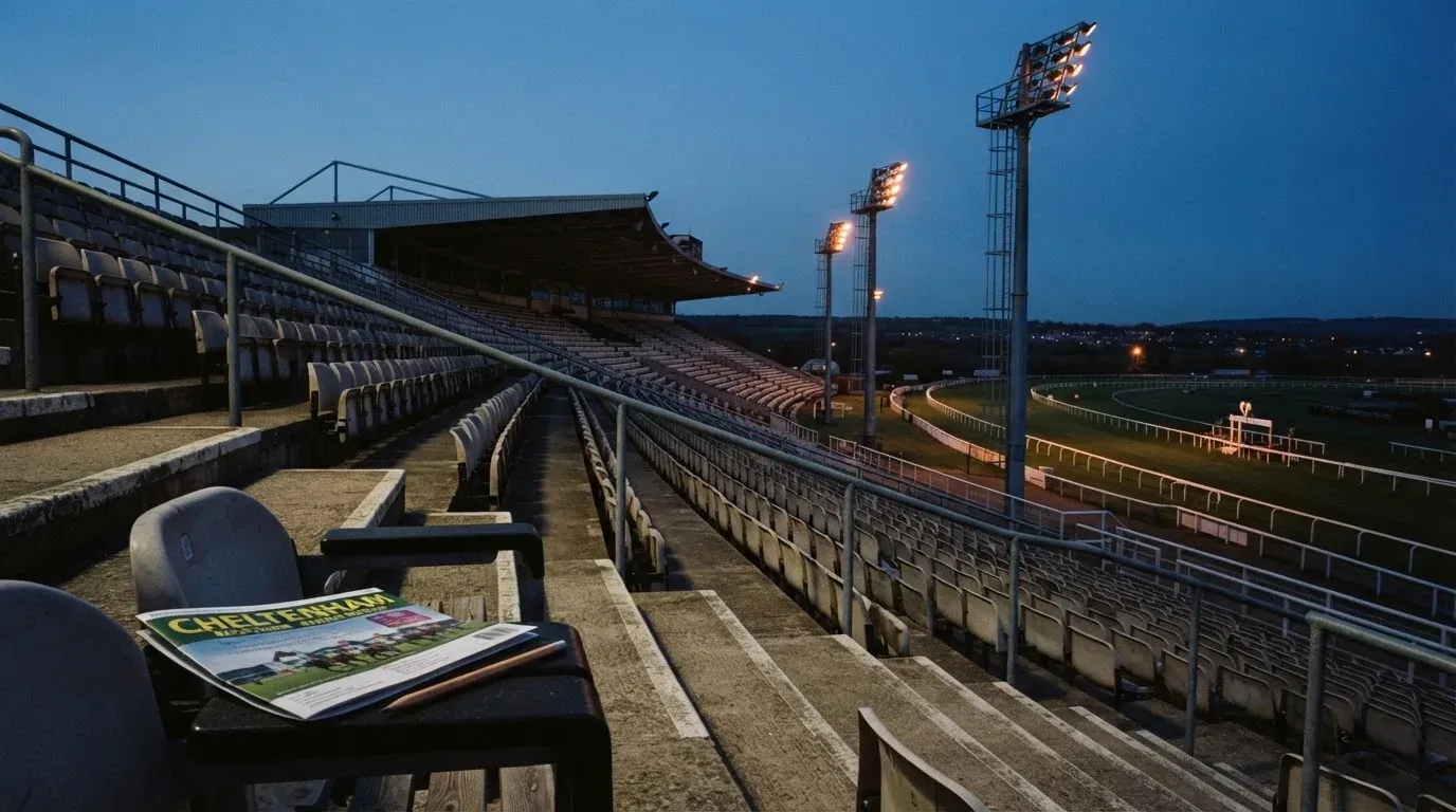 An empty football stadium with floodlight masts at dusk