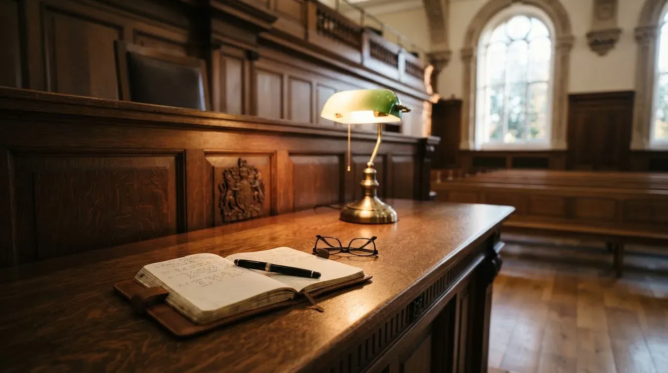 An empty courtroom with wooden benches in morning light
