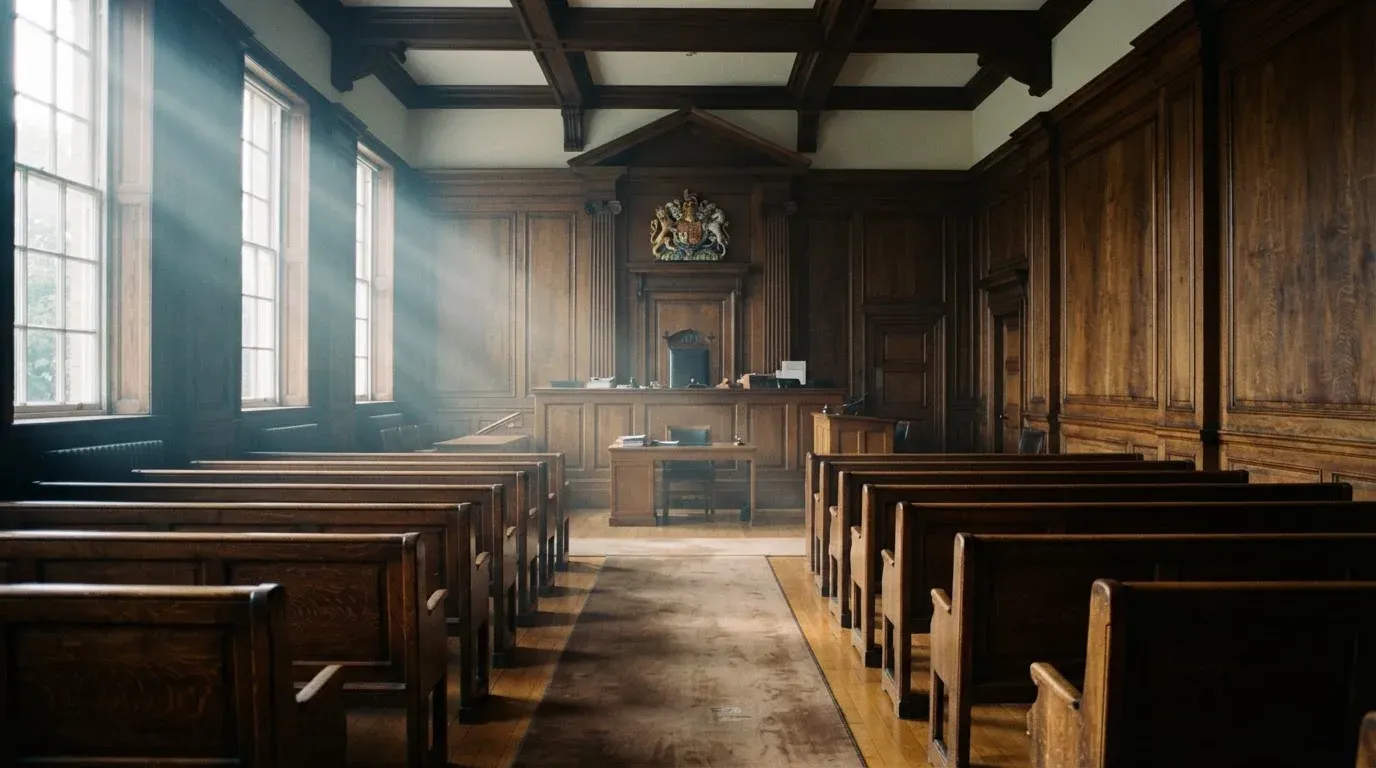 An empty courtroom with wooden benches in morning light