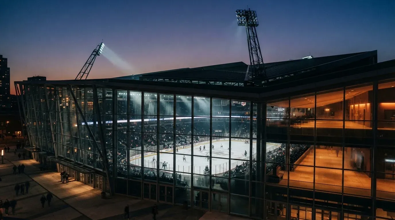 An empty football stadium with floodlight masts at dusk