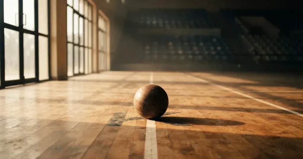 A ball on the centre spot of a grass pitch in morning light