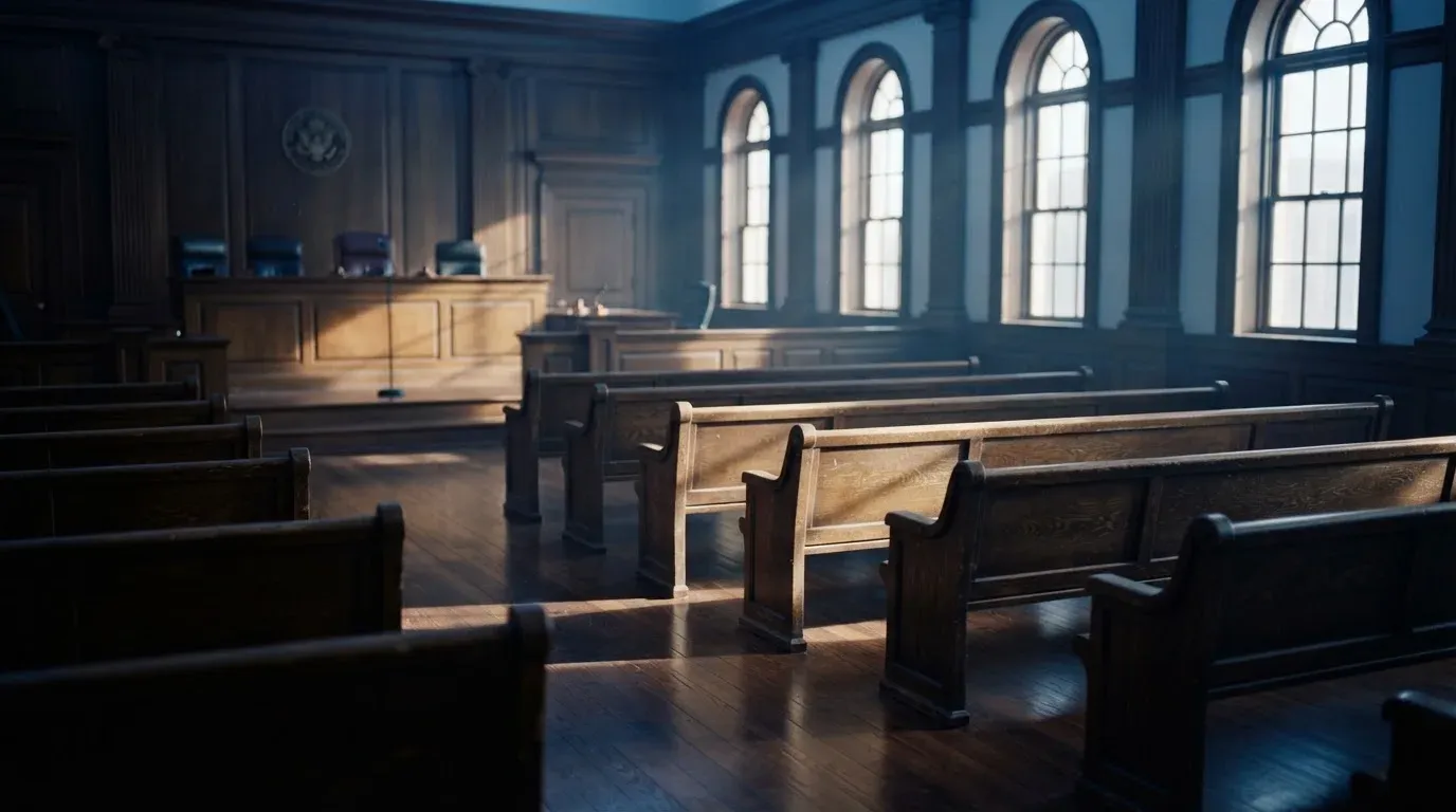 An empty courtroom with wooden benches in morning light