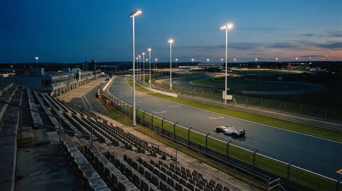 An empty football stadium with floodlight masts at dusk