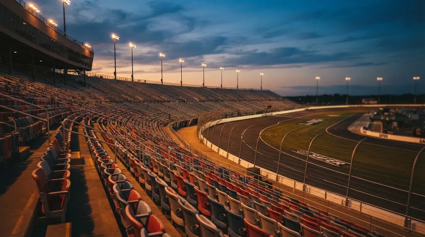 An empty football stadium with floodlight masts at dusk