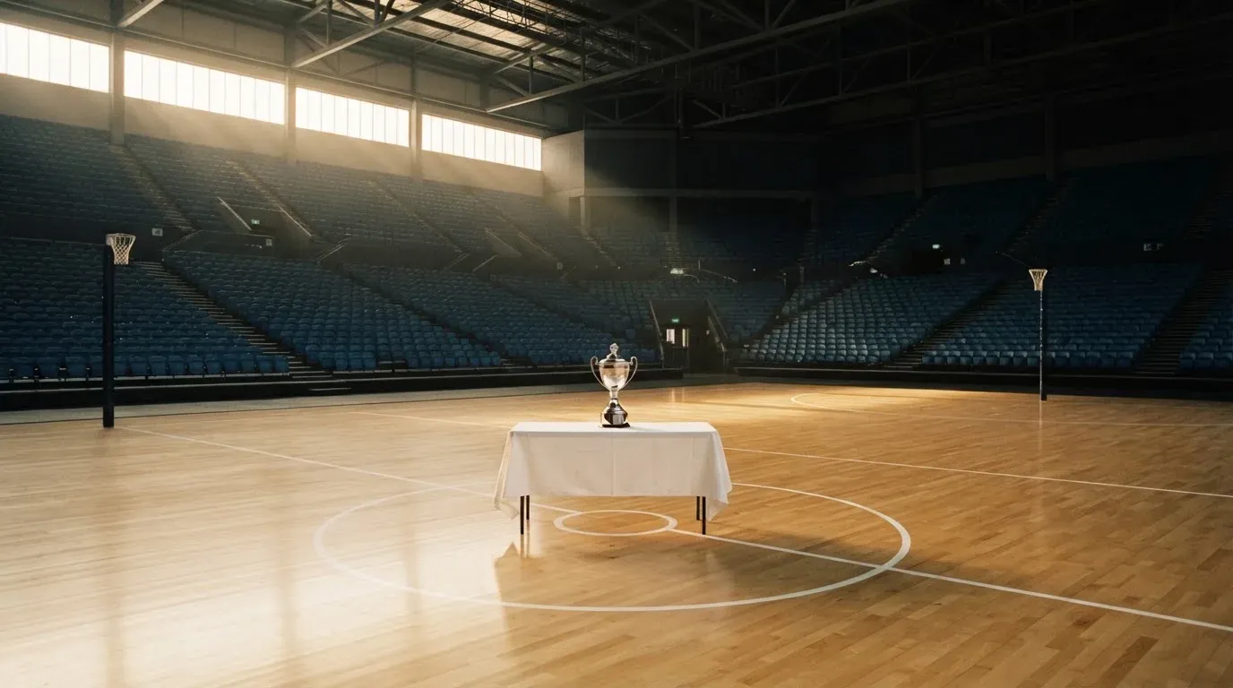 An empty courtroom with wooden benches in morning light