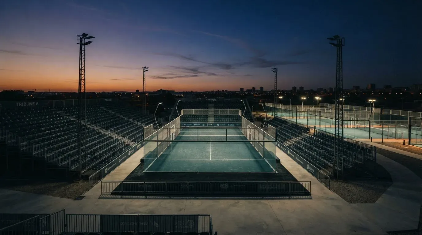 An empty football stadium with floodlight masts at dusk