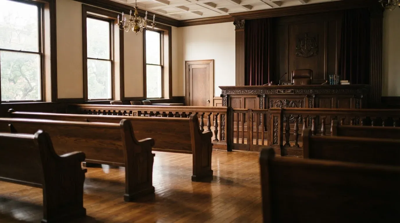 An empty courtroom with wooden benches in morning light