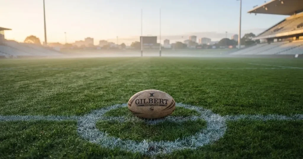A ball on the centre spot of a grass pitch in morning light