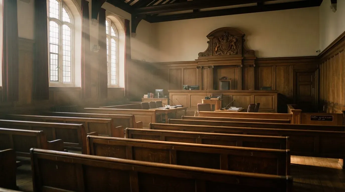 An empty courtroom with wooden benches in morning light