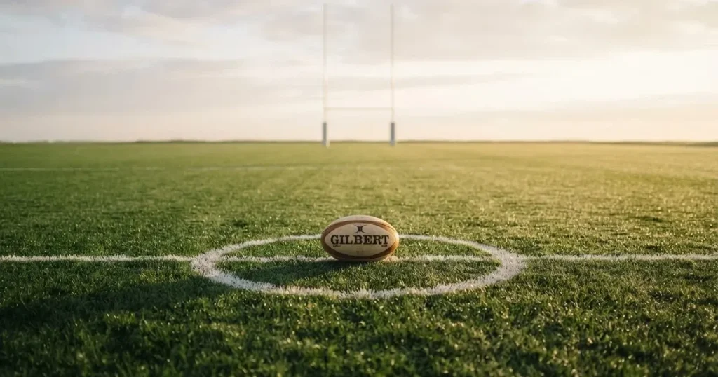 A ball on the centre spot of a grass pitch in morning light