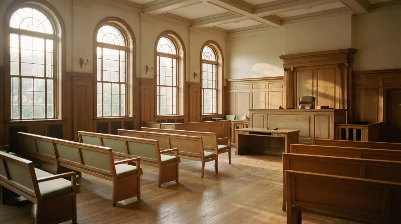 An empty courtroom with wooden benches in morning light