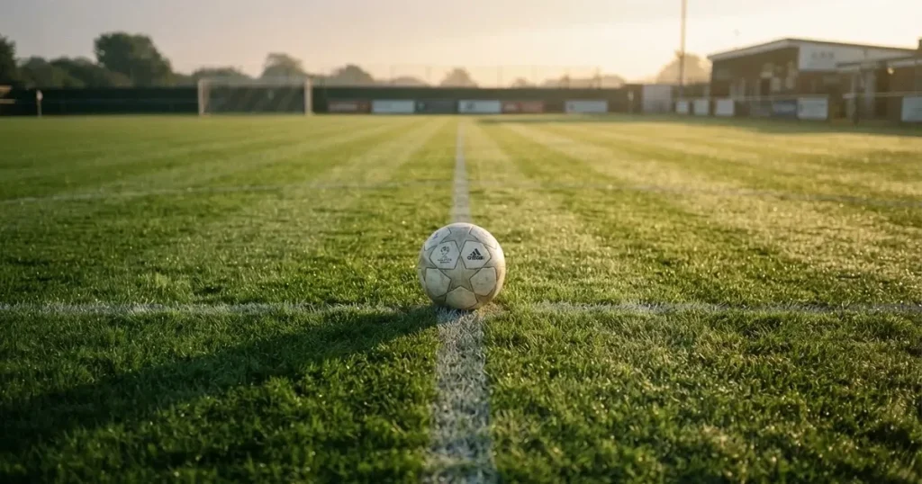 A ball on the centre spot of a grass pitch in morning light