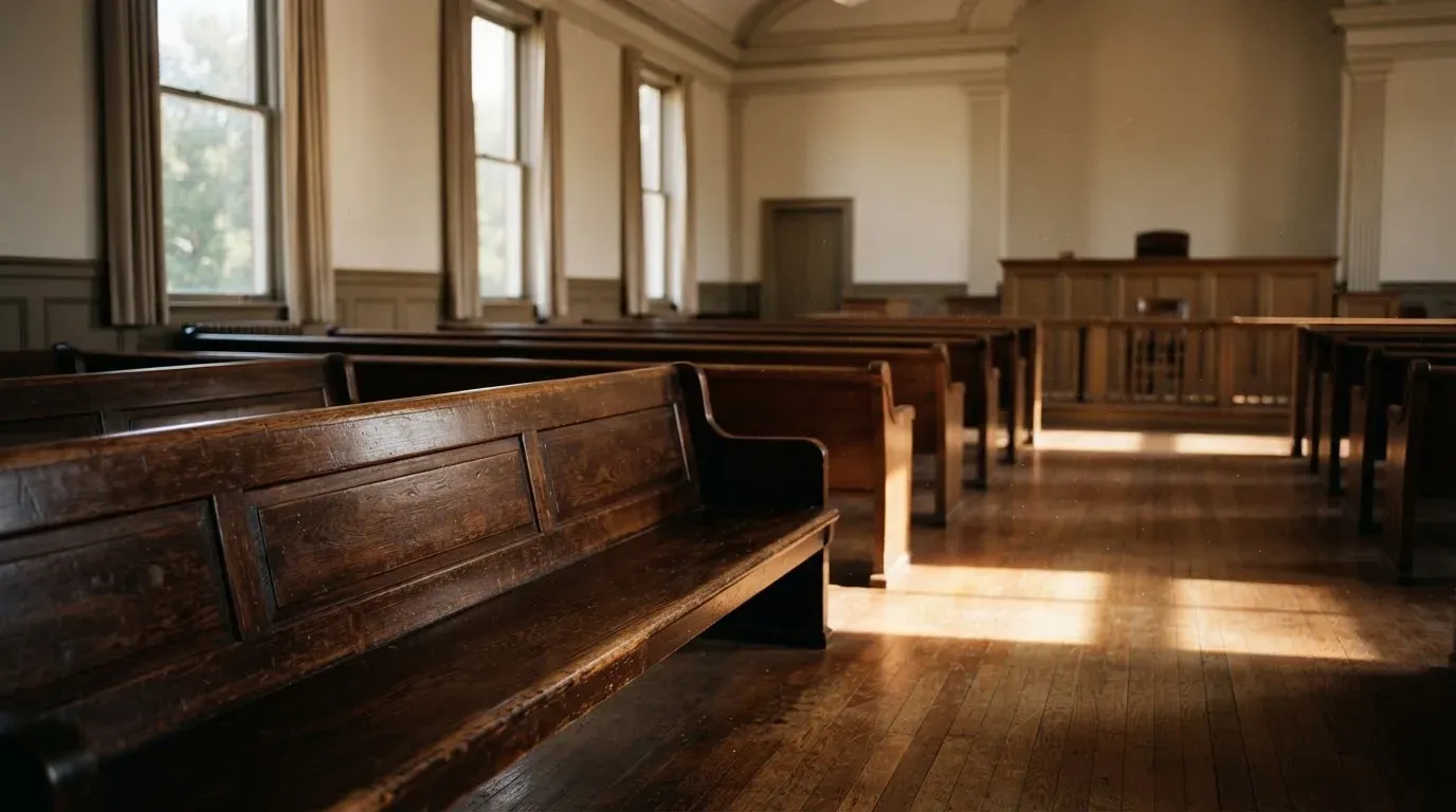 An empty courtroom with wooden benches in morning light