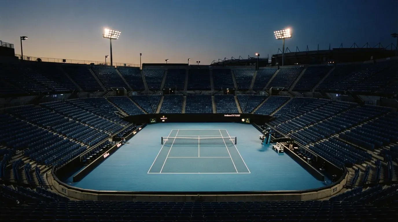 An empty football stadium with floodlight masts at dusk
