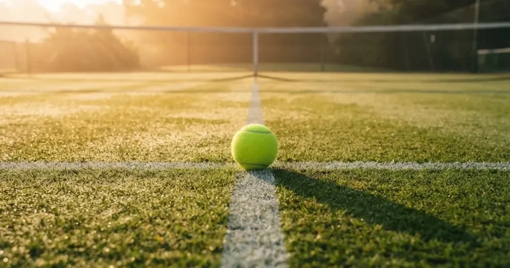 A ball on the centre spot of a grass pitch in morning light