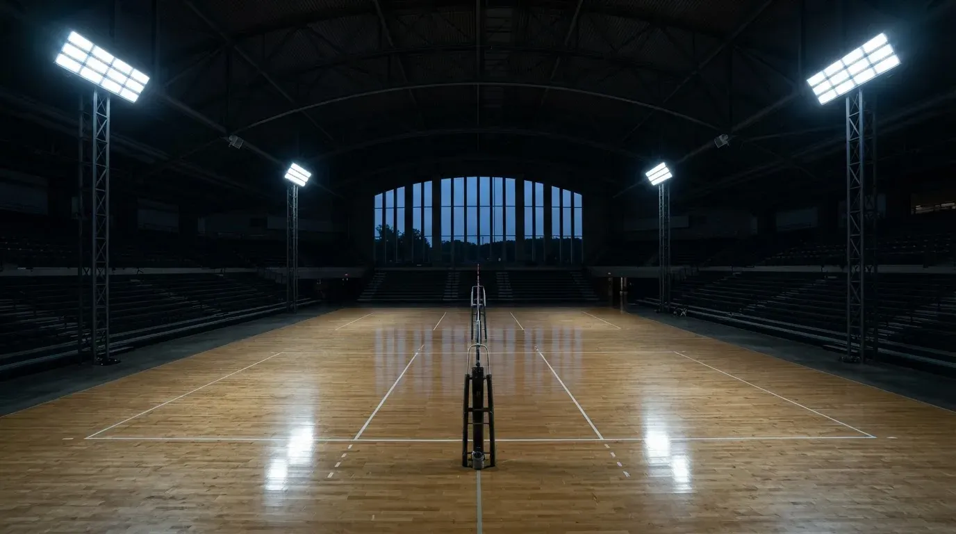 An empty football stadium with floodlight masts at dusk