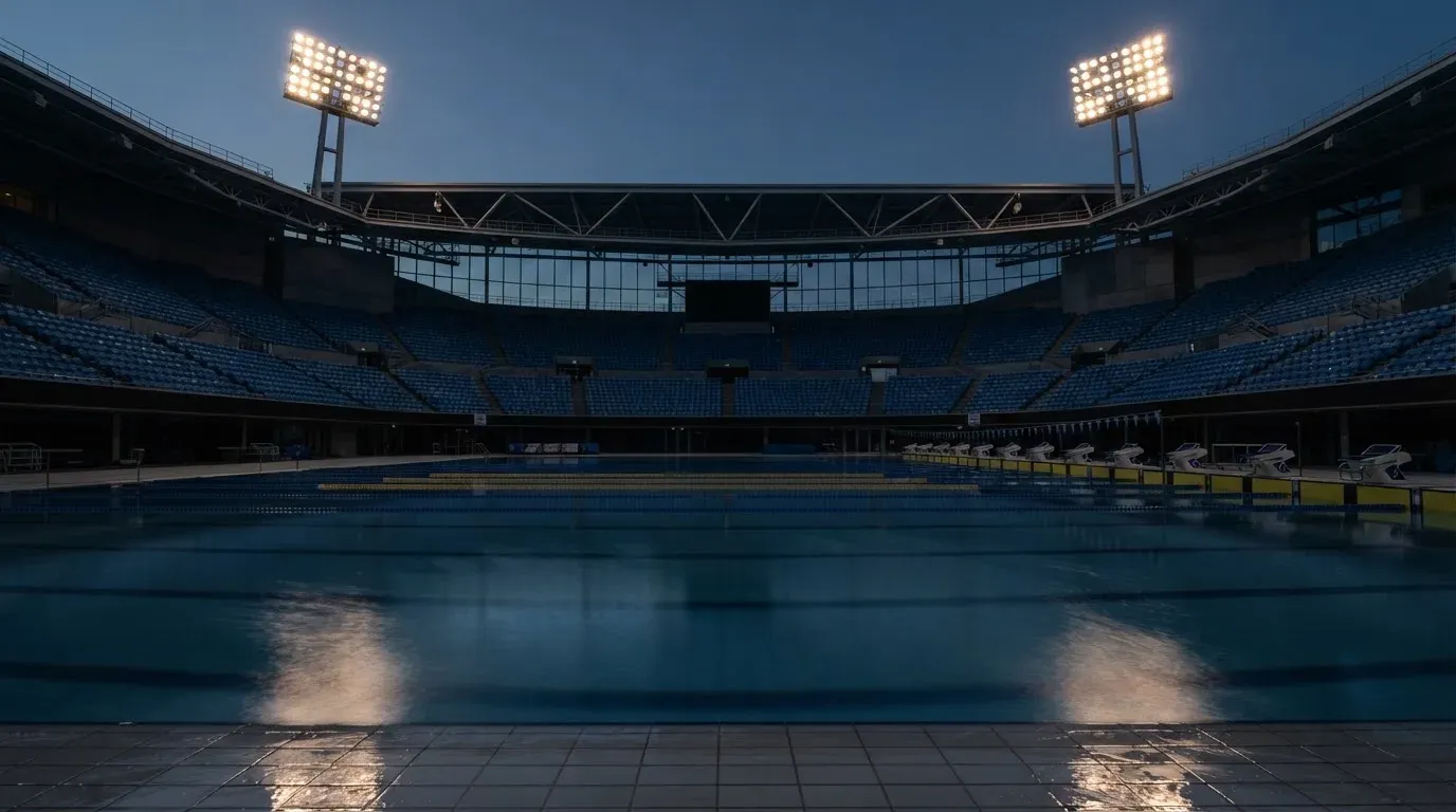 An empty football stadium with floodlight masts at dusk