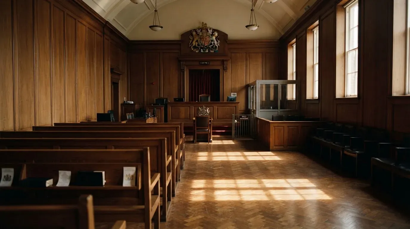 An empty courtroom with wooden benches in morning light
