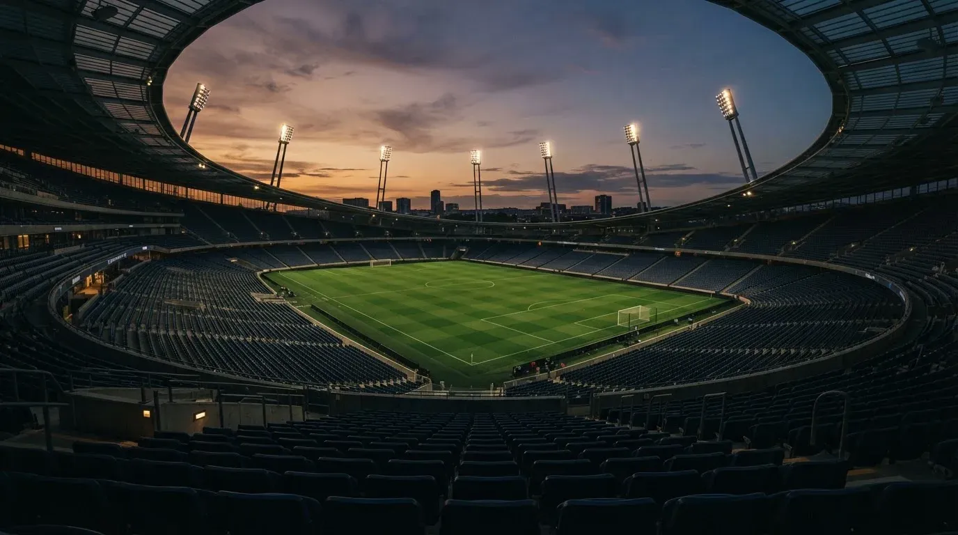 An empty football stadium with floodlight masts at dusk