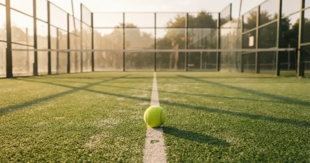A ball on the centre spot of a grass pitch in morning light