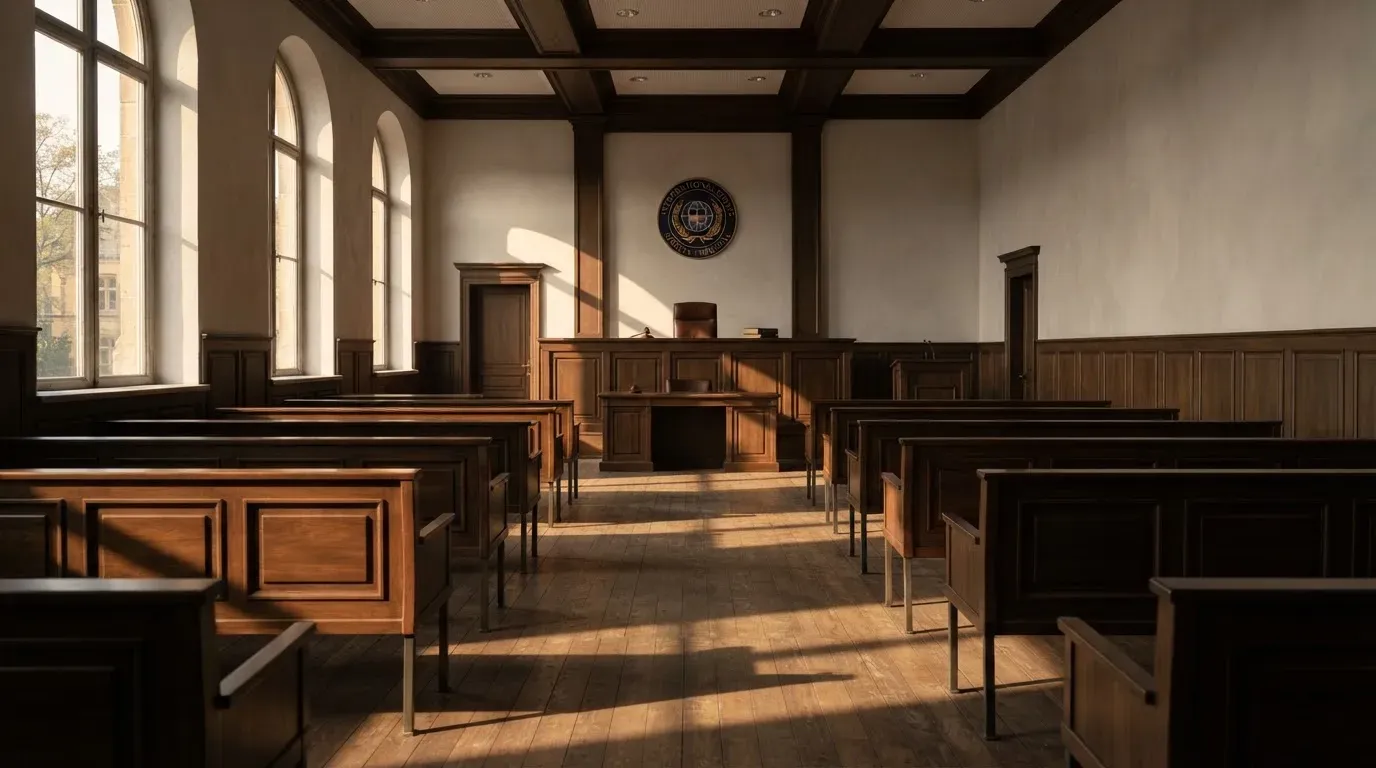 An empty courtroom with wooden benches in morning light