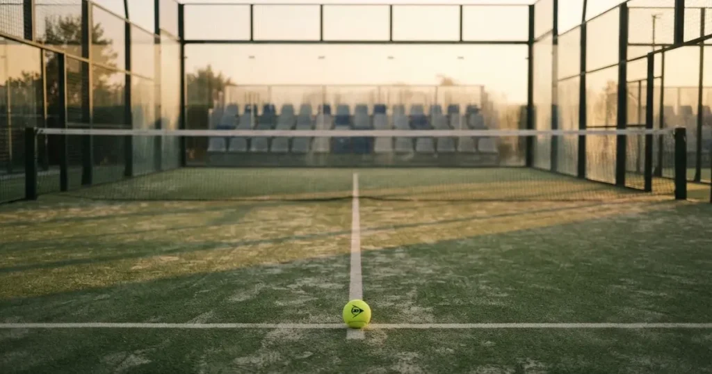 A ball on the centre spot of a grass pitch in morning light