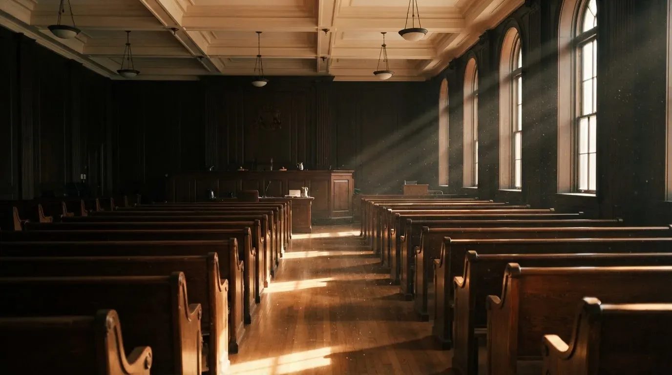An empty courtroom with wooden benches in morning light