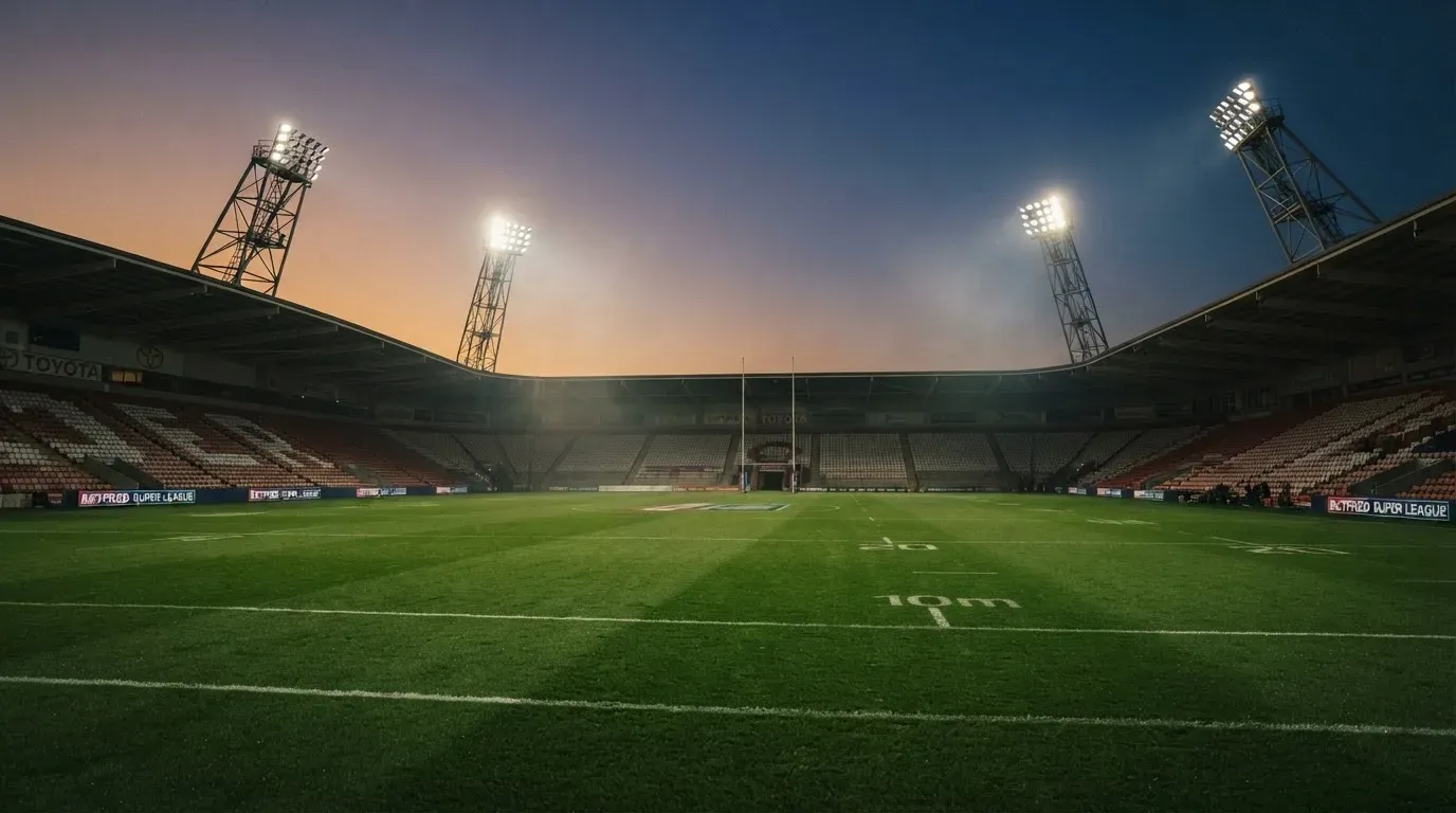 An empty football stadium with floodlight masts at dusk