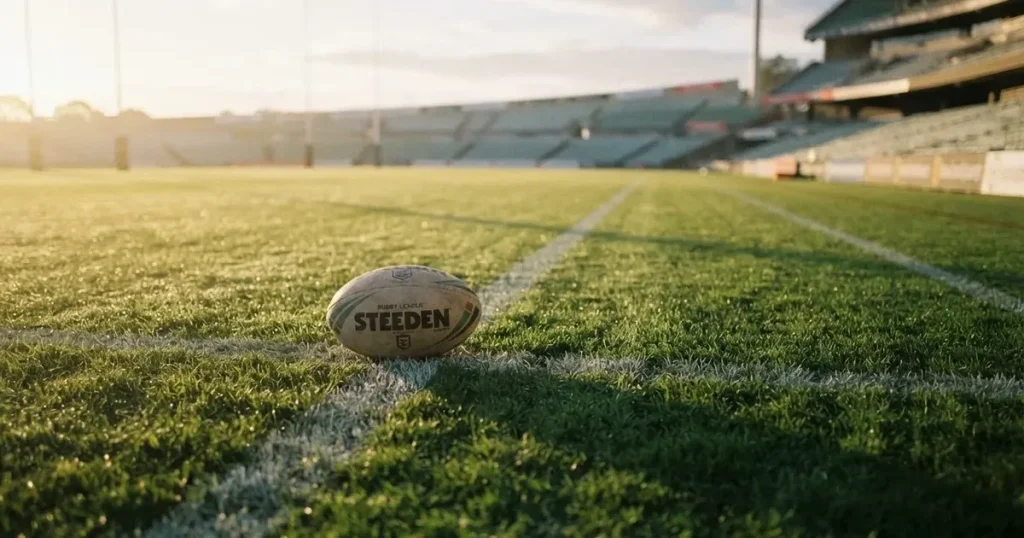 A ball on the centre spot of a grass pitch in morning light