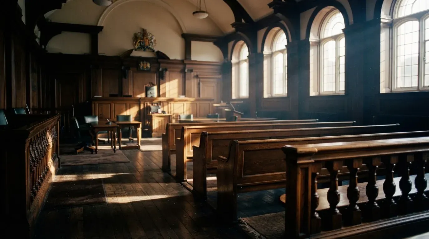 An empty courtroom with wooden benches in morning light