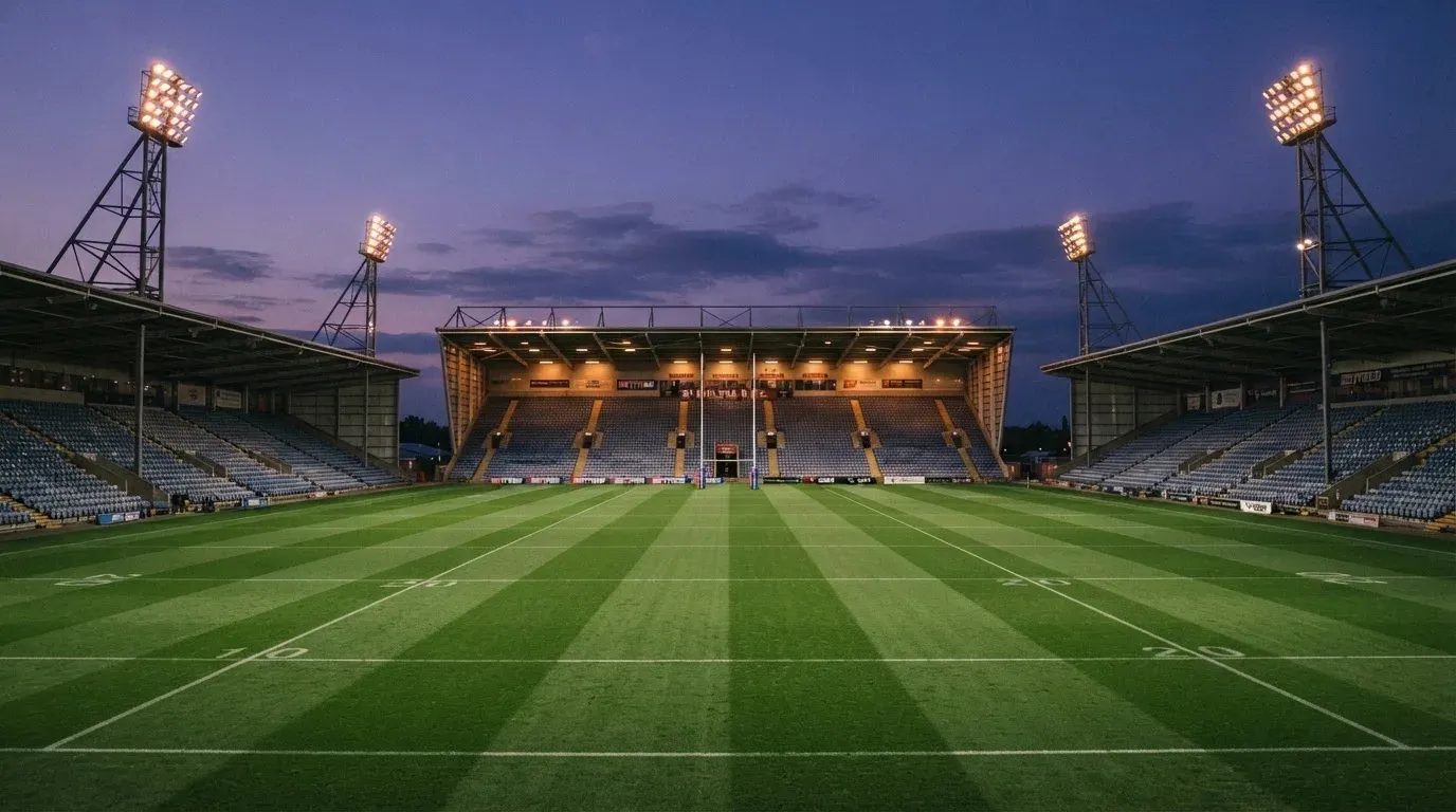 An empty football stadium with floodlight masts at dusk