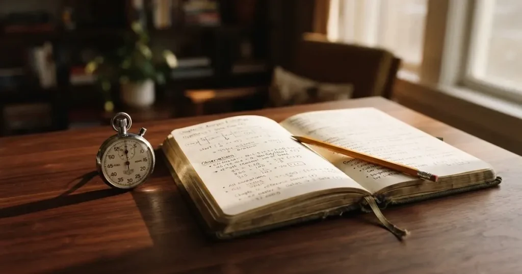 An open notebook with a pencil and a stopwatch on a wooden table
