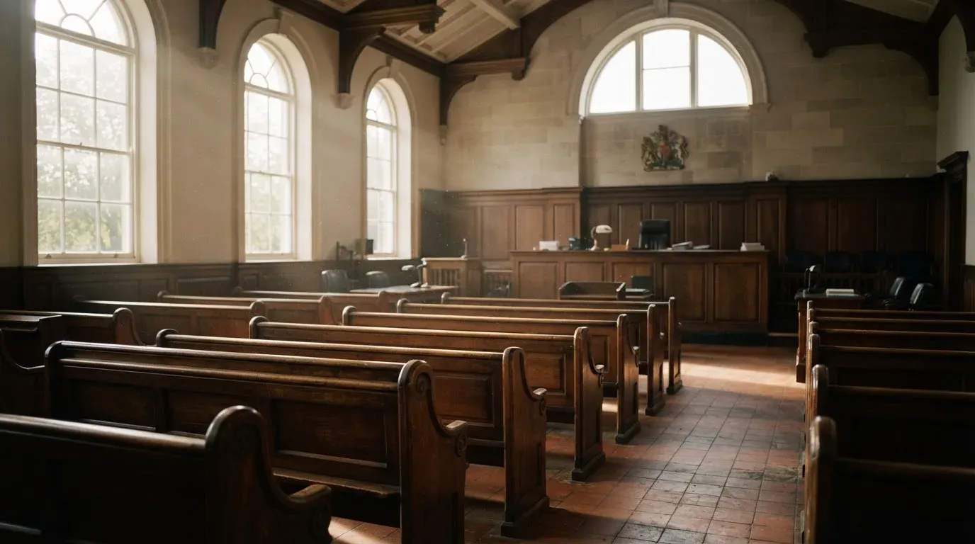 An empty courtroom with wooden benches in morning light